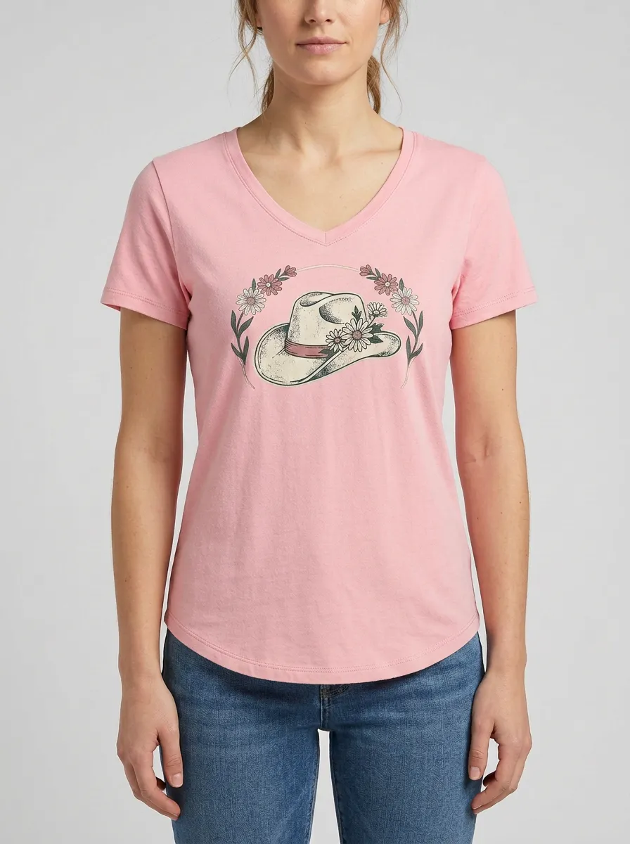 Women's Cowgirl Floral Hat Graphic V-Neck T-Shirt