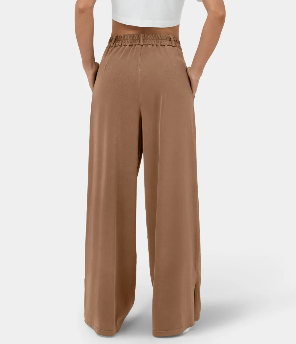 High Waisted Button Zipper Plicated Side Pocket Split Hem Wide Leg Casual Pants