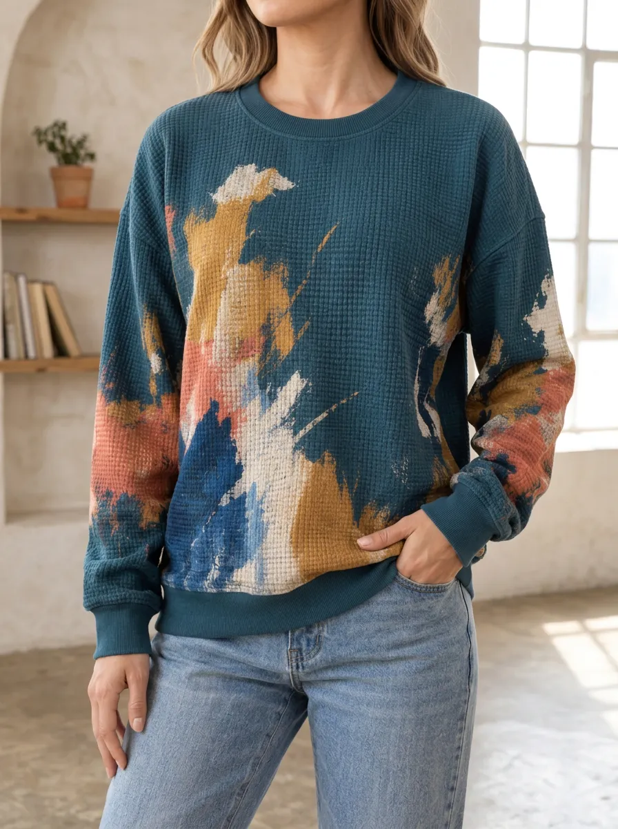 Women's Abstract Paint Splatter Waffle Knit Crewneck Sweatshirt