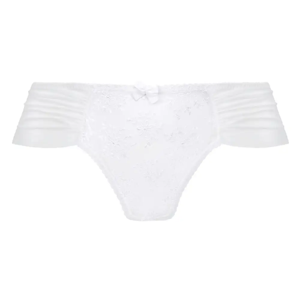 Women's Seamless Elastic Waistband Cotton Gusset Embroidery Mesh Sheer Detail Cotton Decorative Bow Lightweight Tanga Panty