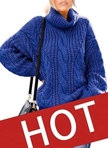 Womens Turtle Cowl Neck Solid Color Soft Comfy Cable Knit Pullover Sweaters S-2XL