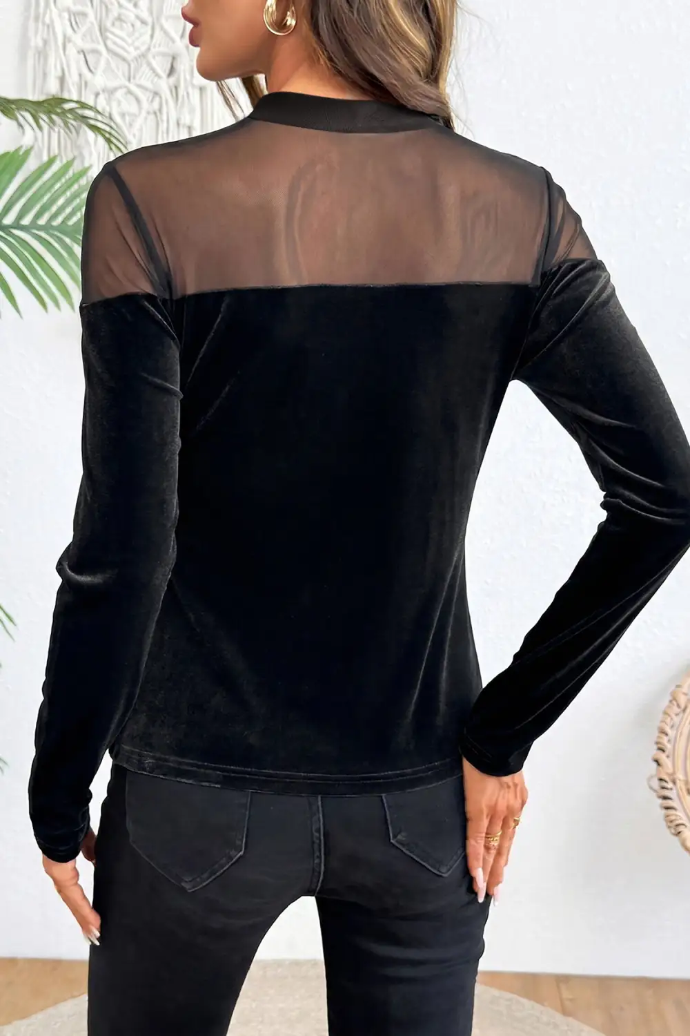 Patchwork Round Neck Velvet Stretch Fabric Long Sleeve Top