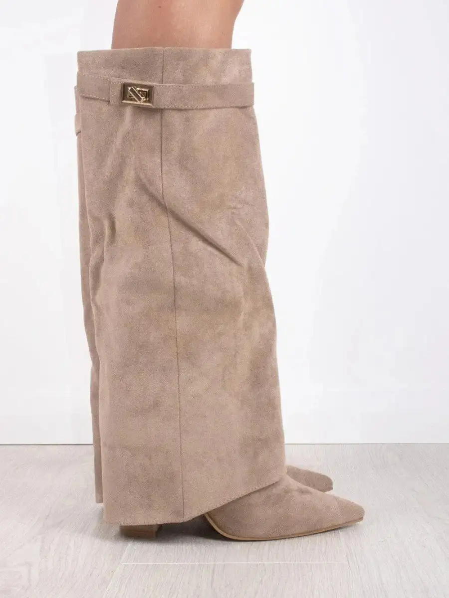 Knee Tall Boots Wide Flare Top Block Heel