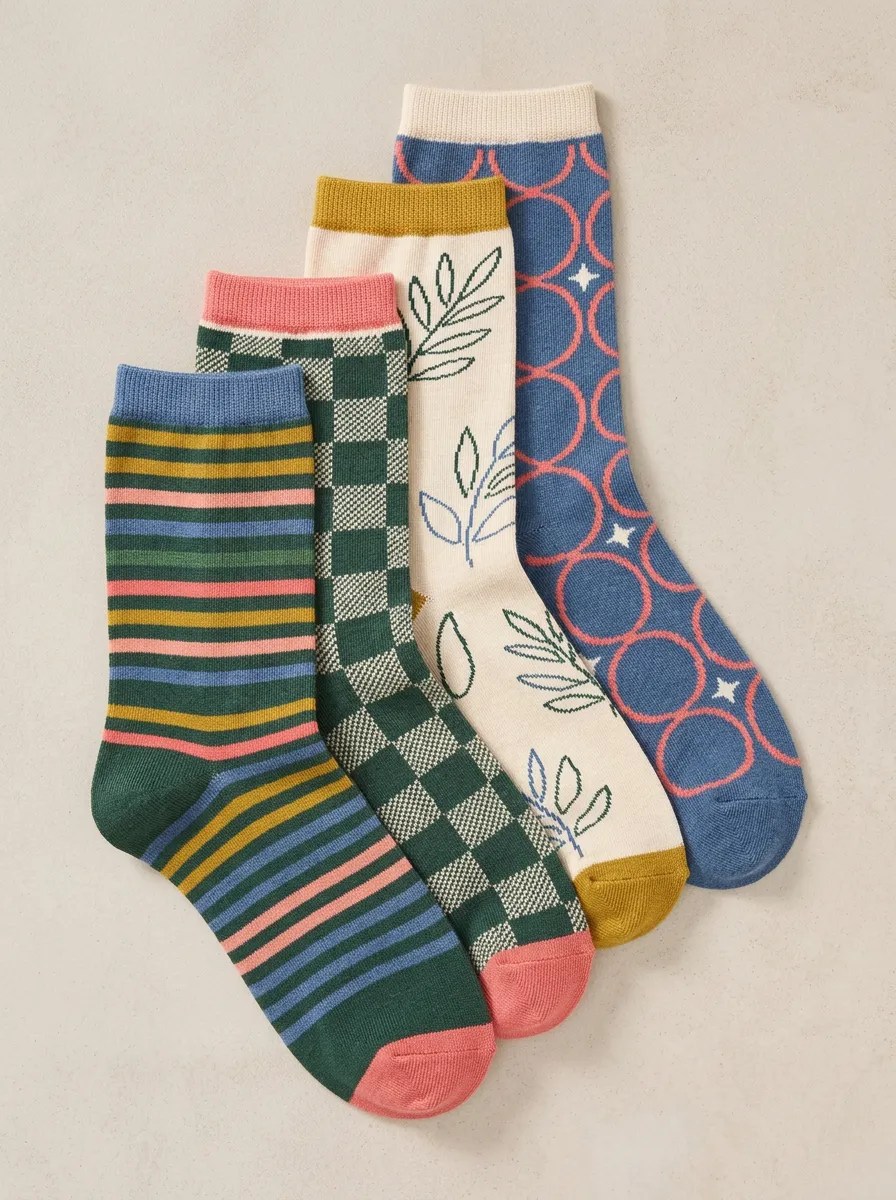 Nature Inspired Geometric Floral Vintage Four-Pair Casual Socks