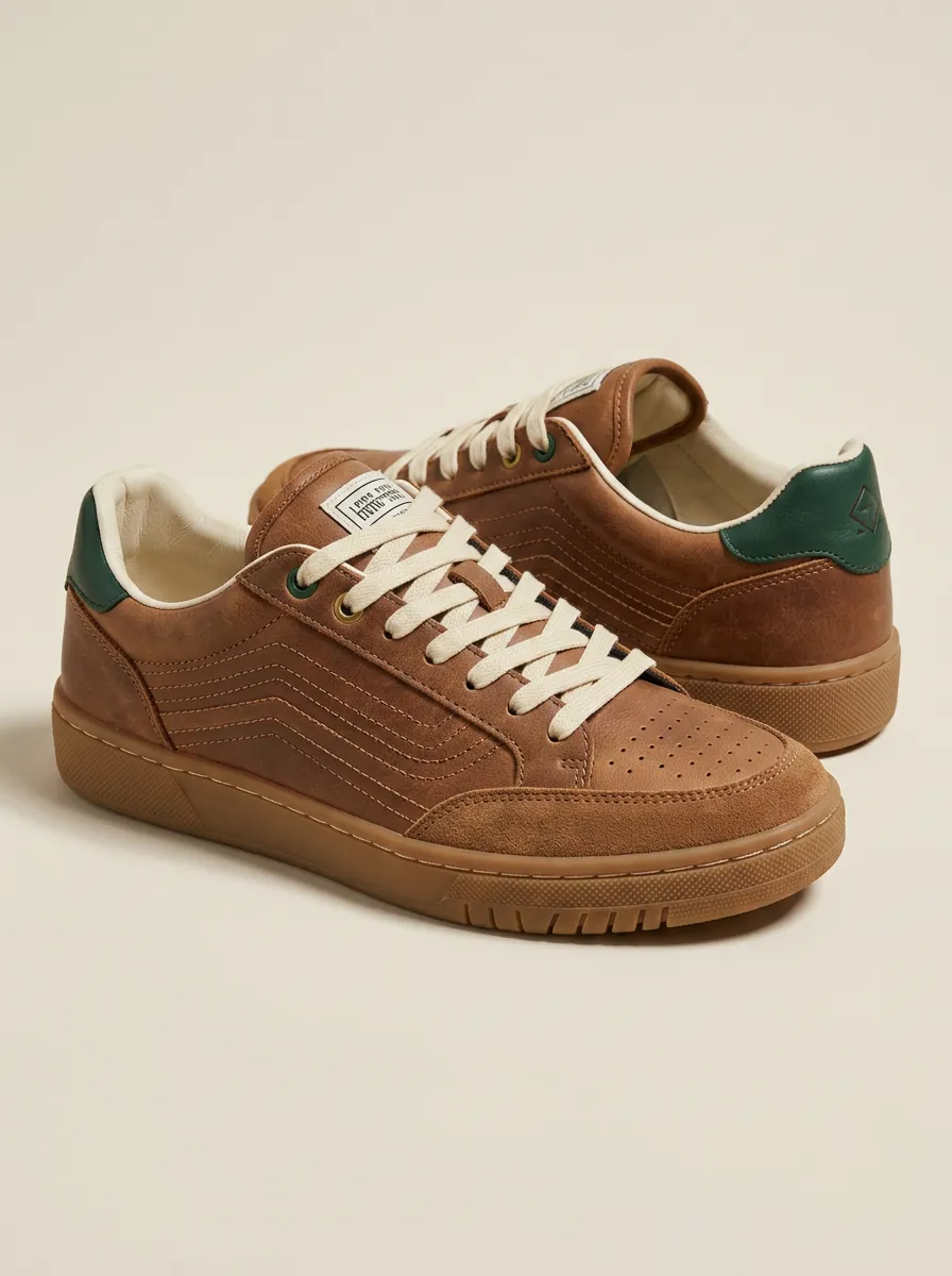 Women's Brown Leather Green Accent Casual Printed Sneakers
