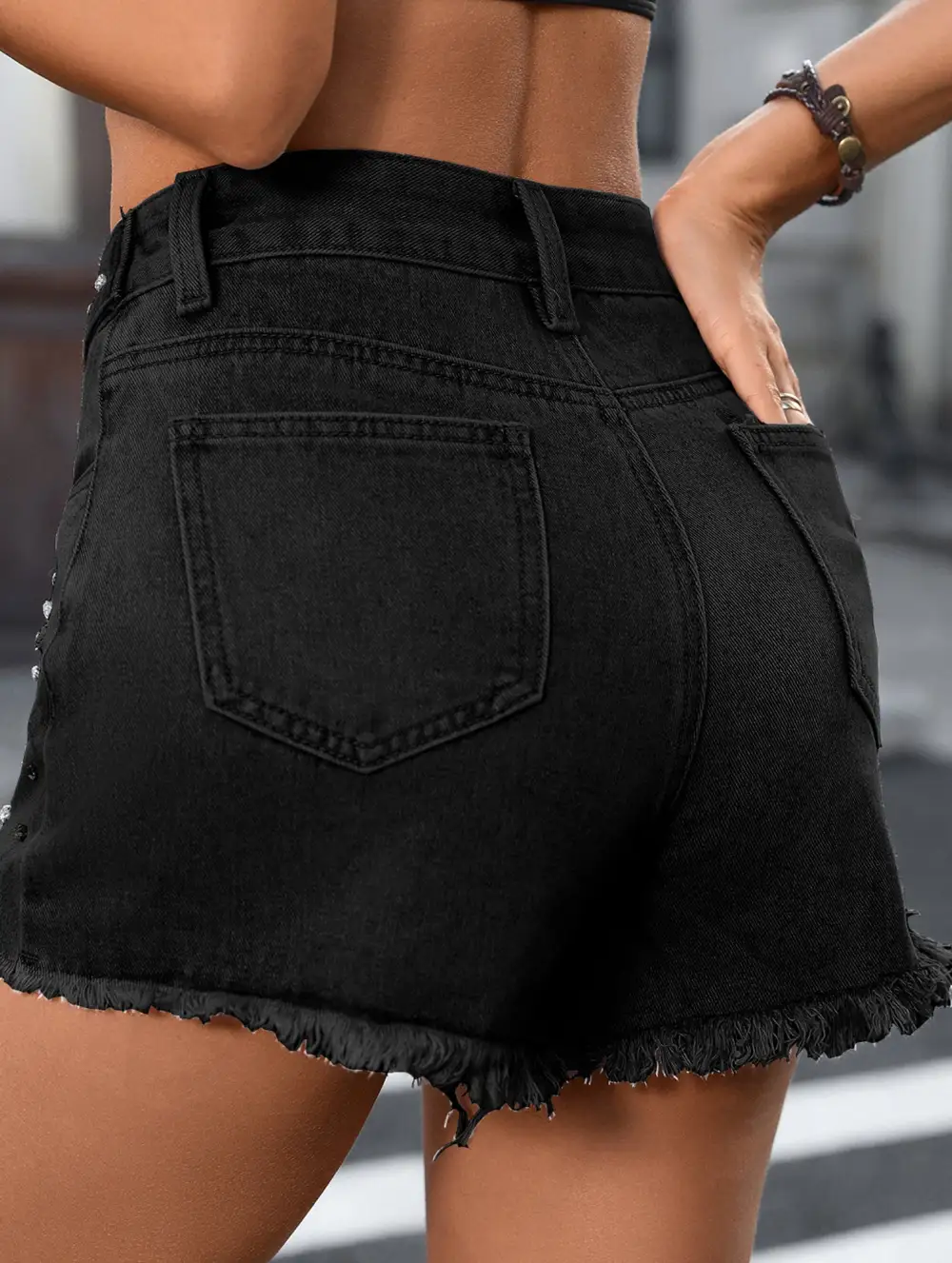Women's Washed Distressed Studded Denim Shorts