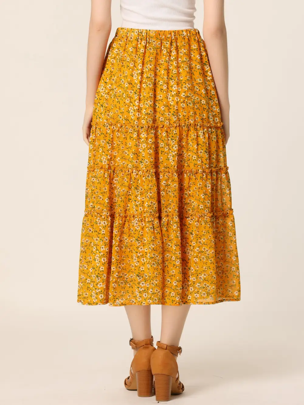 Chiffon Floral-Print Long Tiered Ruffle Boho Midi Skirt