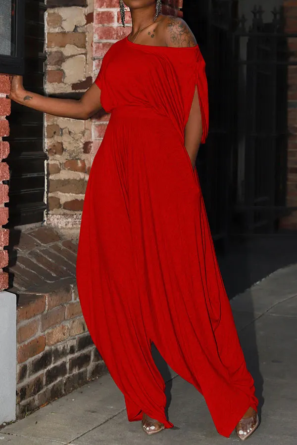Solid Color Harem Asymmetric Neck Pant Set