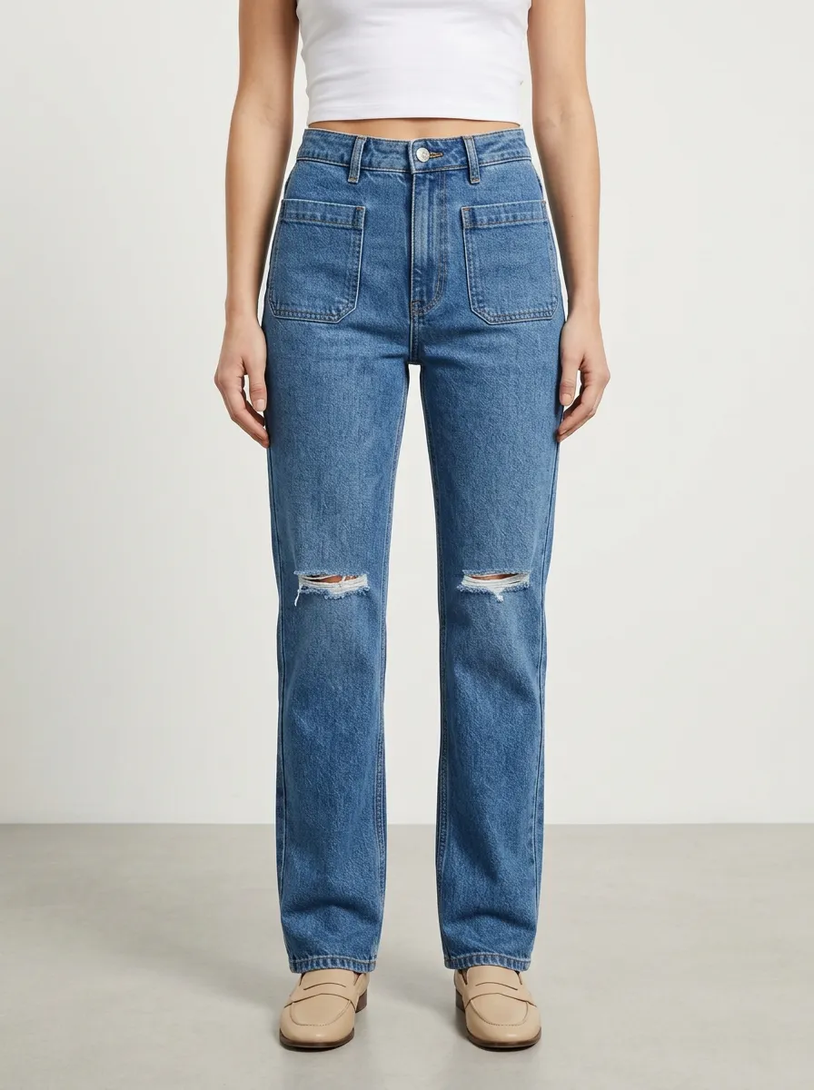 Women's Front Patch-Pocket Frayed-Knee Distressed High-Rise Straight-Leg Jeans