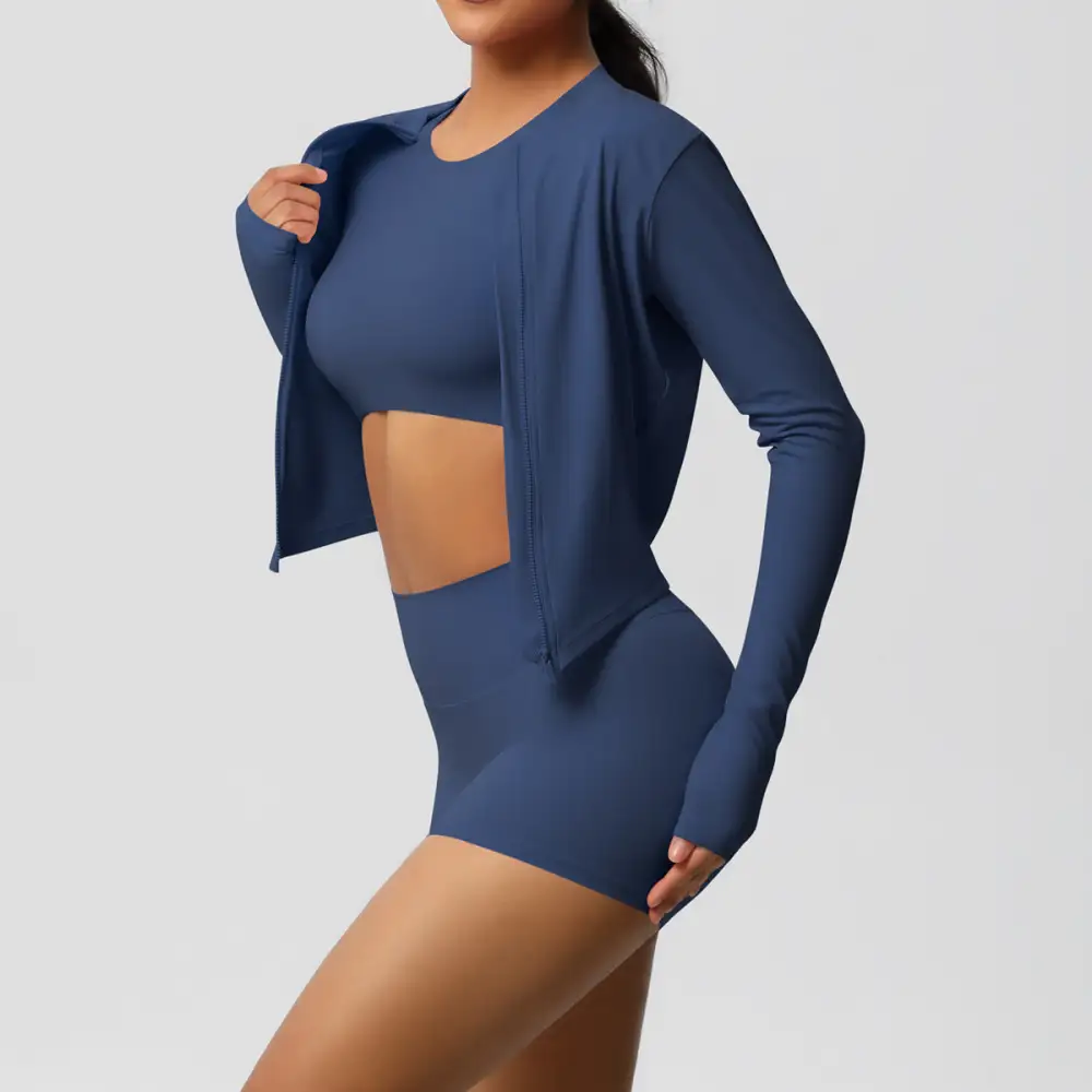 Zip-Front Long-Sleeve Jacket, Bra and Shorts Active Set