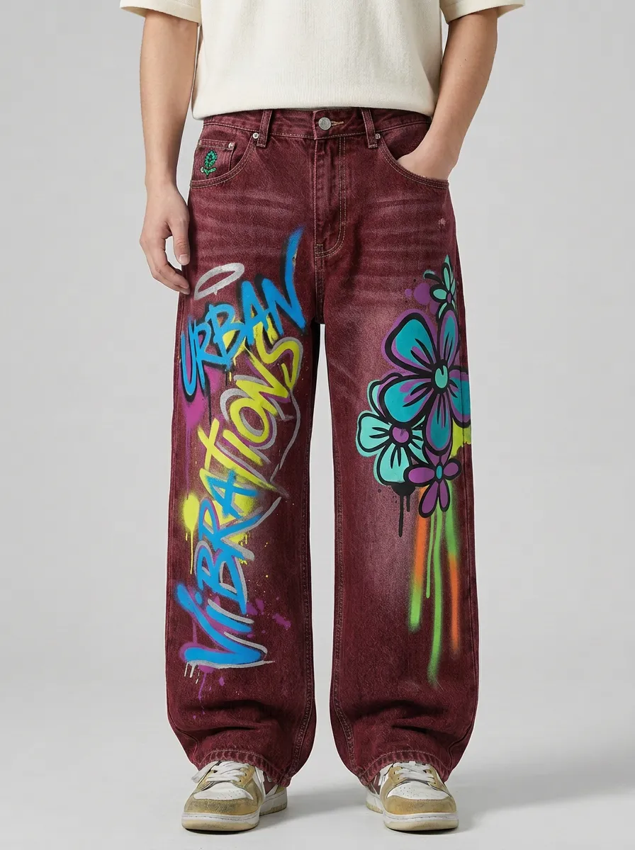 Men's Urban Vibe Graffiti Floral Graphic Cargo Jeans