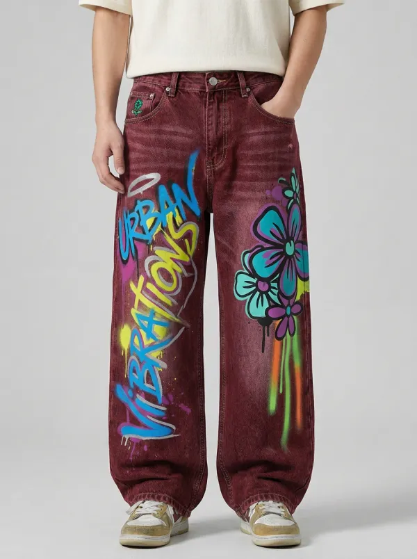 Men's Urban Vibe Graffiti Floral Graphic Cargo Jeans