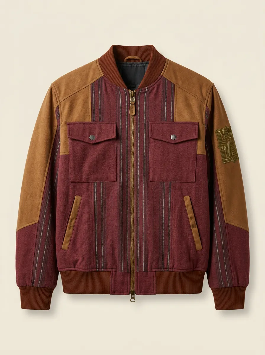 Men's Vintage Style Striped Patchwork Suede Bomber Jacket