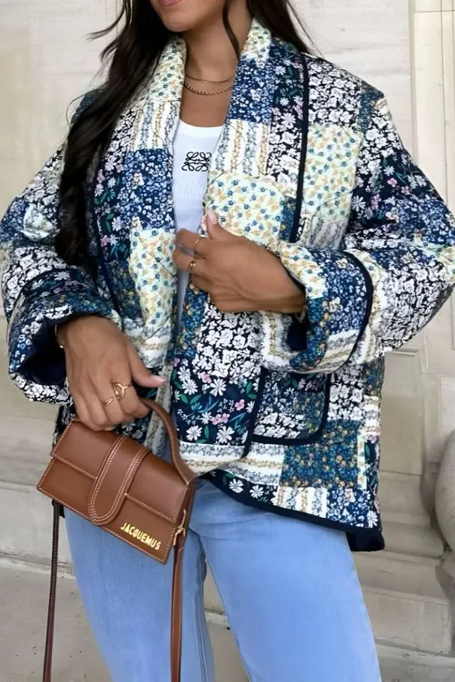 Floral Lapel Collar Quilted Jacket