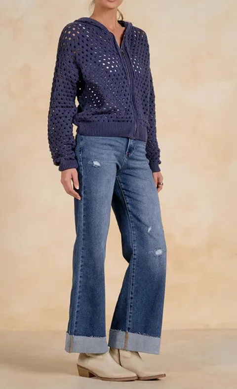 Navy Crochet Zip-Up Hooded Top