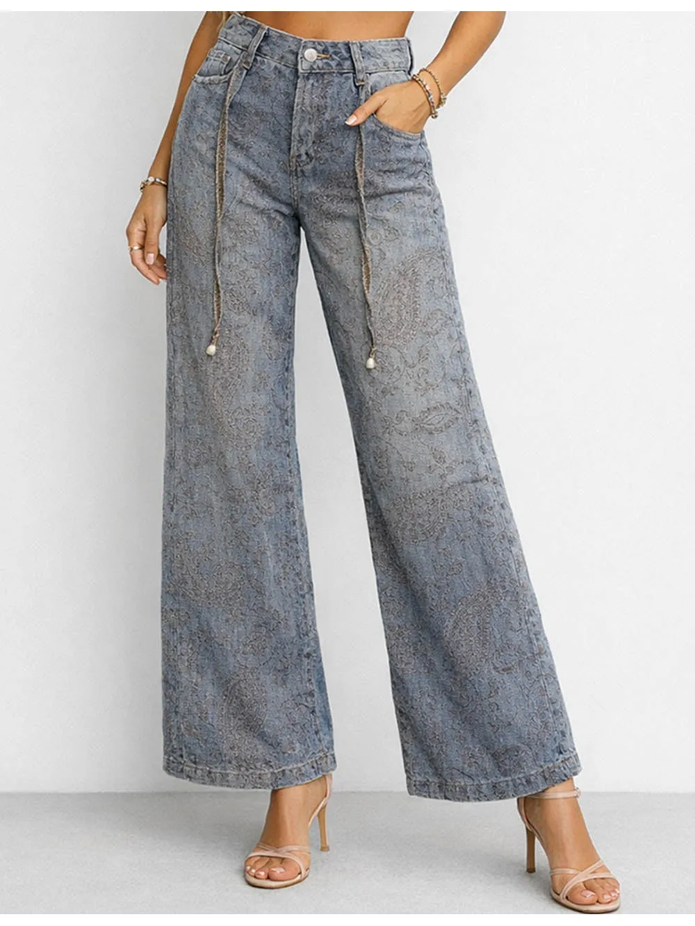 Paisley Jacquard Wide Leg Denim Pants