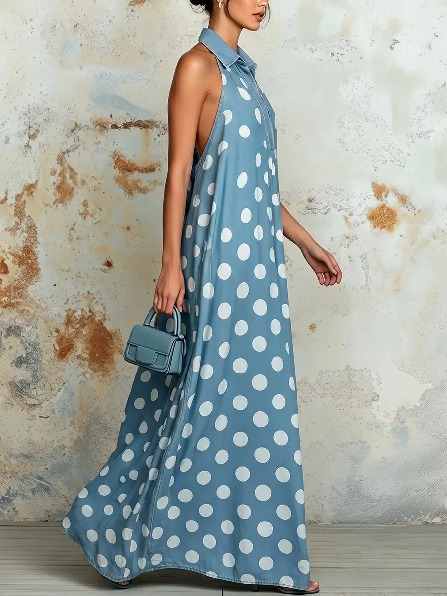 Pleated Polka Dot Buttoned Maxi Dress