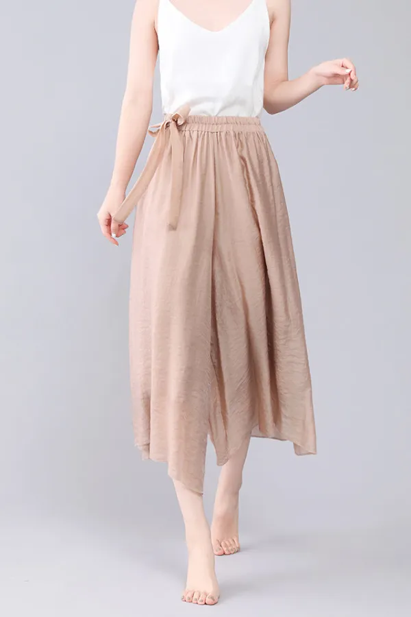 Relaxed Linen Cotton Wide Leg Cropped High Waist Pocketed Trousers