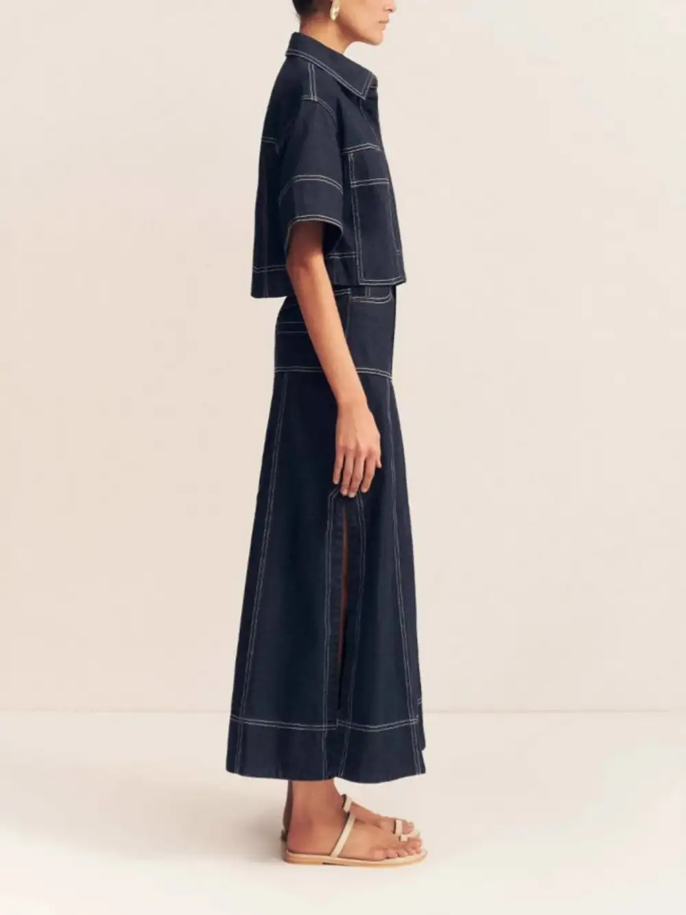 High-Waist Side Slit Contrast Stitch Maxi Skirt