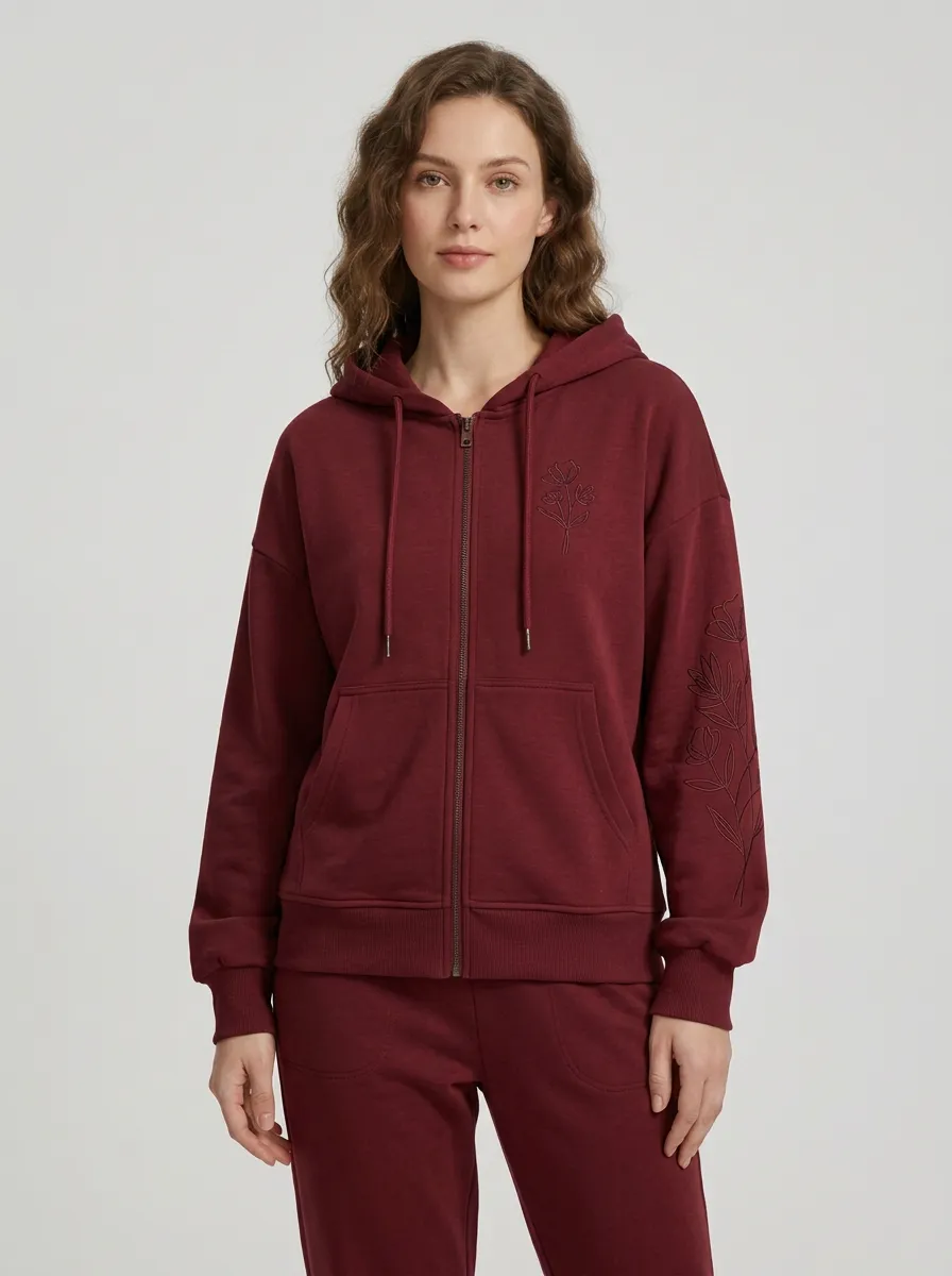 Women's Sage Green Floral Line Art Embroidered Drawstring Hood Zip-Up Hoodie Jacket & Jogger Set