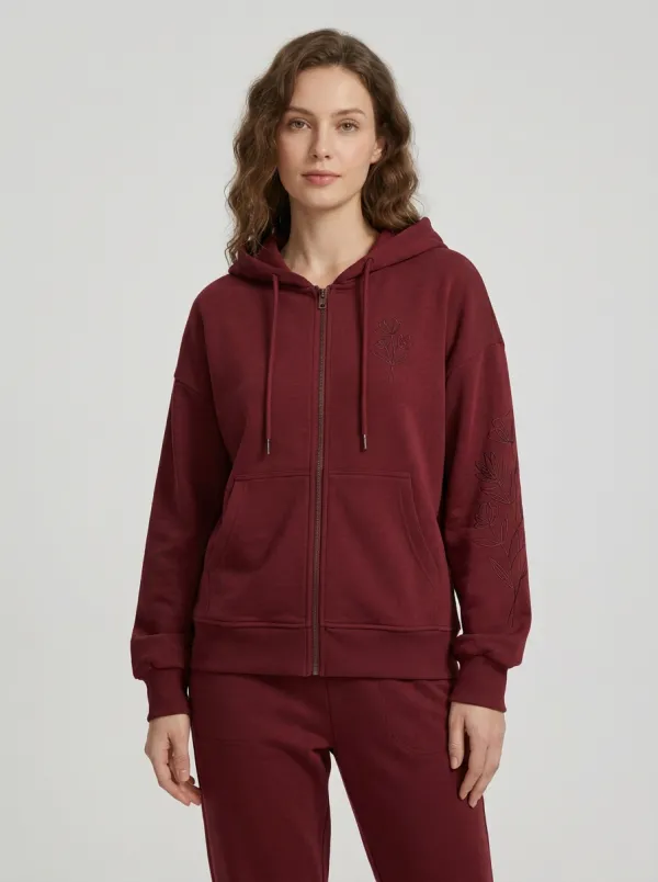 Women's Sage Green Floral Line Art Embroidered Drawstring Hood Zip-Up Hoodie Jacket & Jogger Set