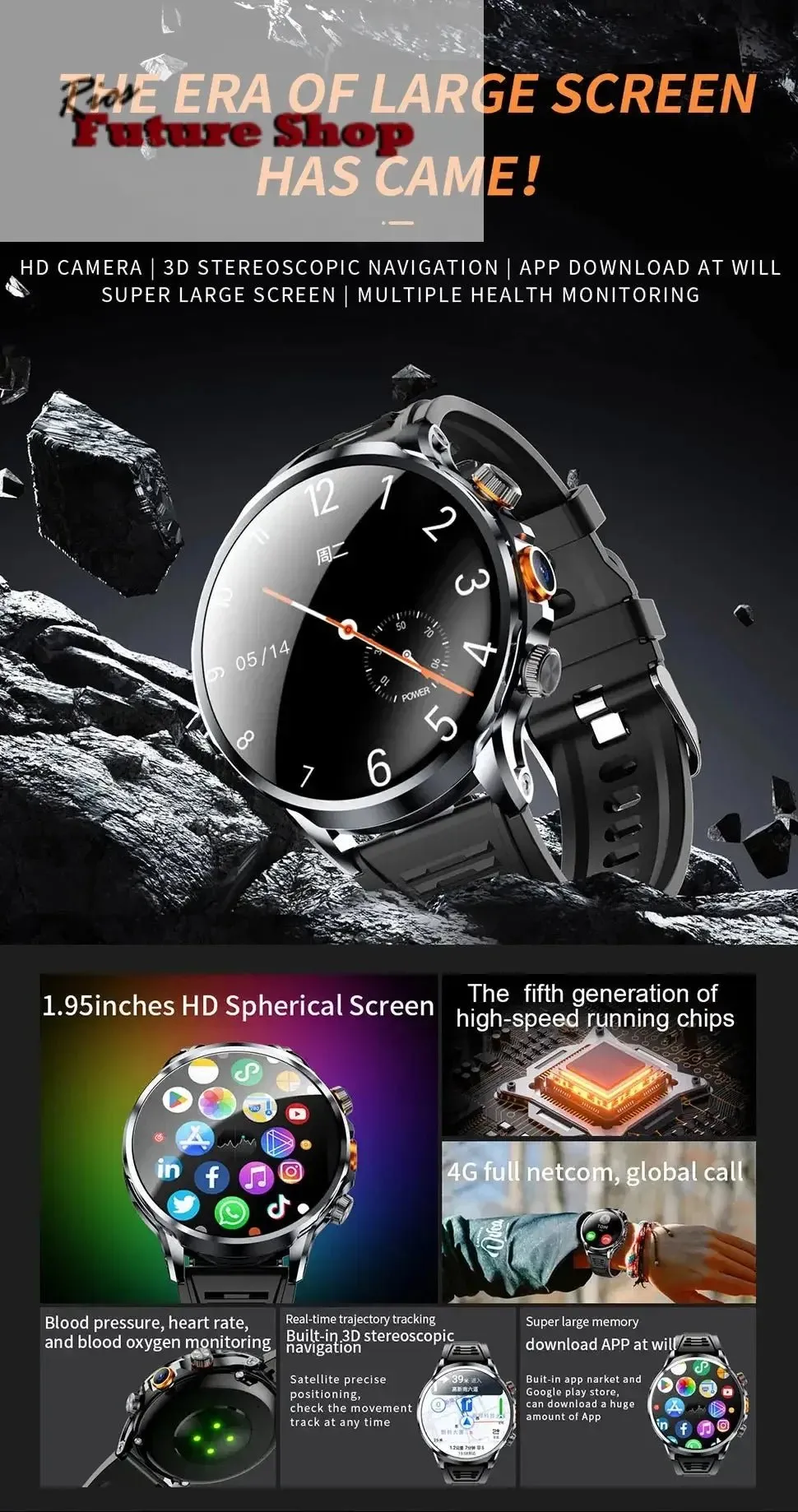 2025 new 4G Android smartwatch 1.95 inch IPS 360*360 screen with 200w camera GPS WiFi 32GB ROM smartwatch with 1100mAh battery