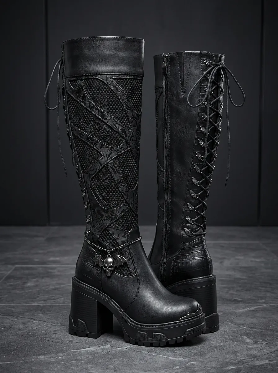 Gothic Revival Skull Bat Lace Look Women's Gothic Platform Knee High Boots