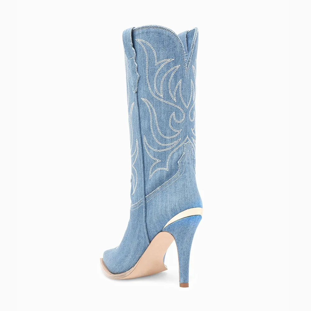 Classic Denim Embroidered Pointed-Toe Stiletto-Heel Western Boots