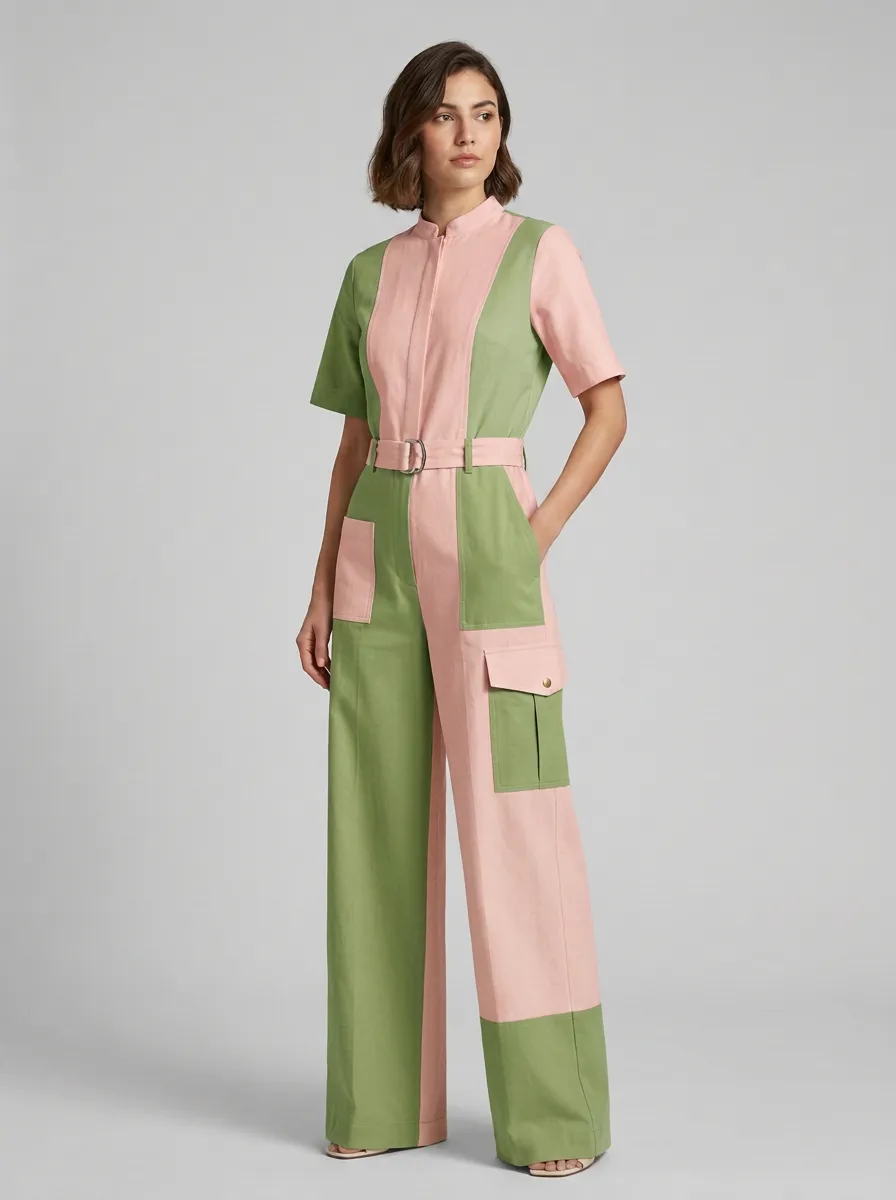 Women's Casual Sage Green Beige Colorblock Utility Jumpsuit