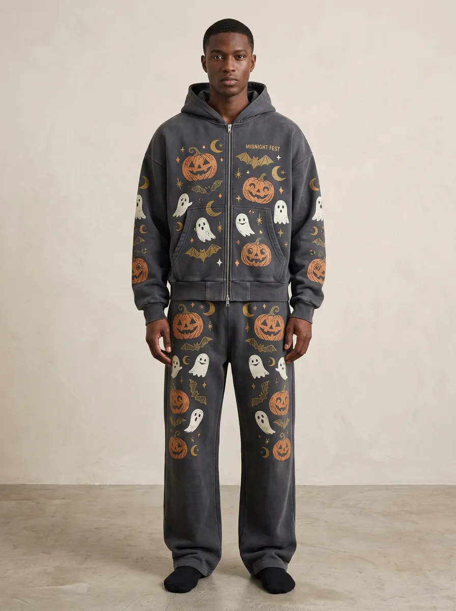 Men's Halloween Midnight Fest Pumpkin Ghost Printed Hoodie Set