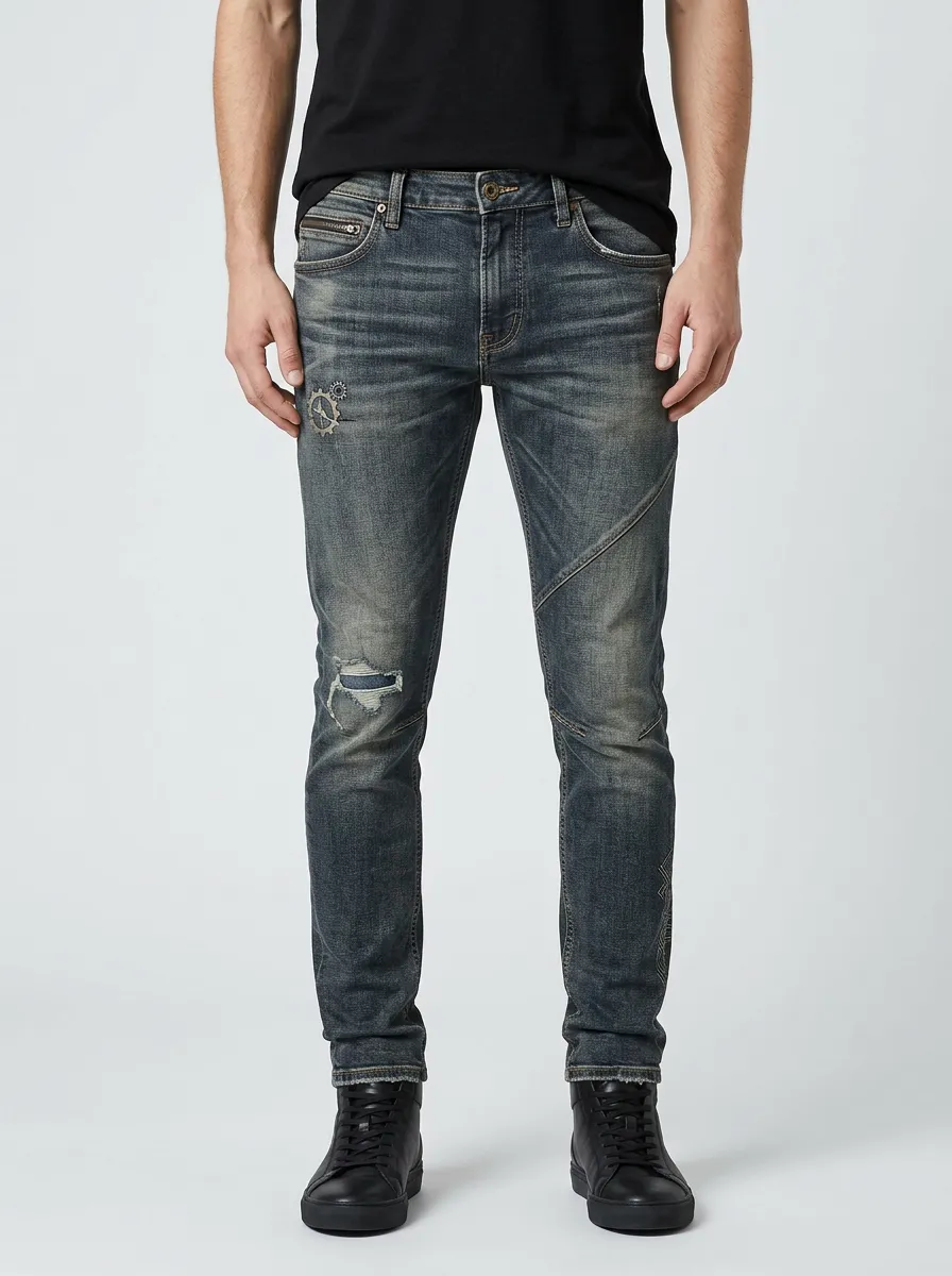 Men's Distressed Gear Pattern Printed Slim-Fit Jeans