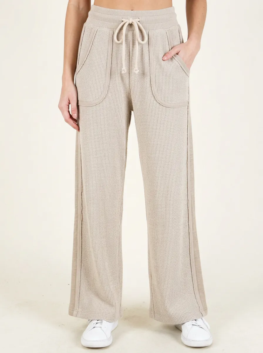 Women's Casual Waffle Knit Drawstring Wide Leg Pants