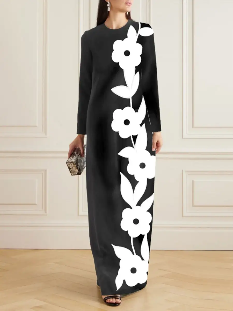 Sleeves Color Long Neck Maxi Dress