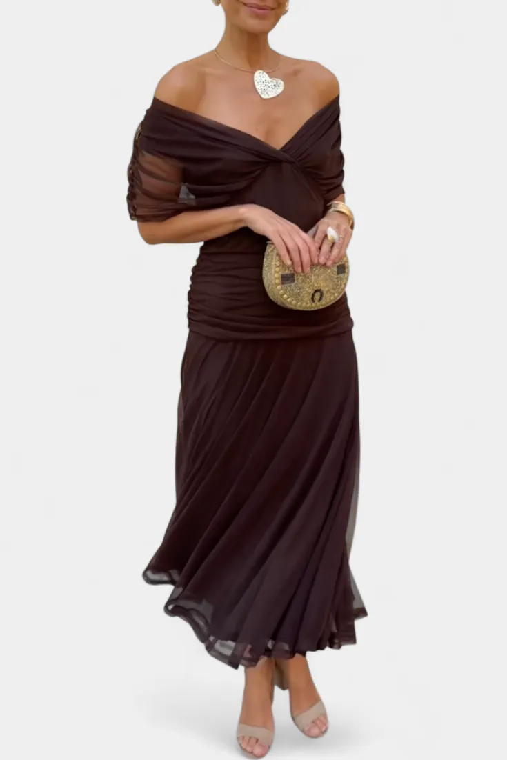  Off Shoulder V Neck Midi Dress