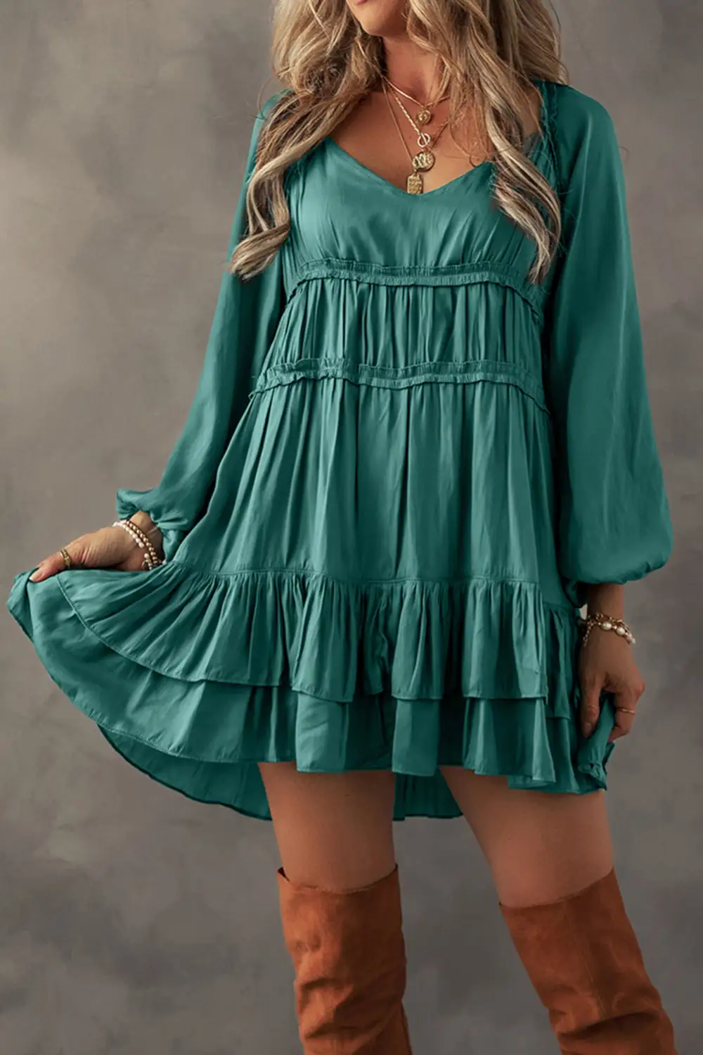 Tiered Ruffled Puff Sleeve Loose Fit Mini Dress