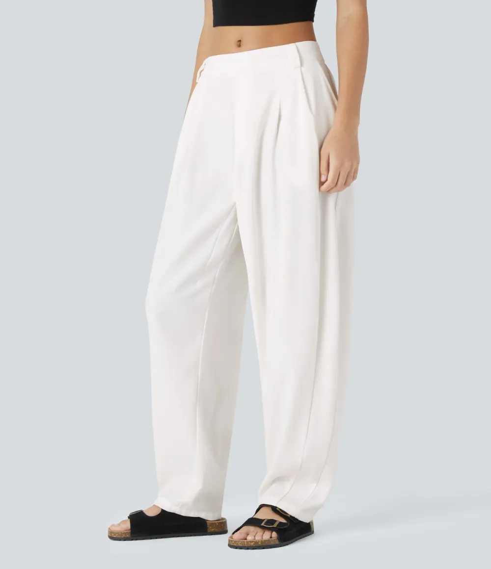 Mid Rise Plicated Side Pocket Barrel Leg Work Pants
