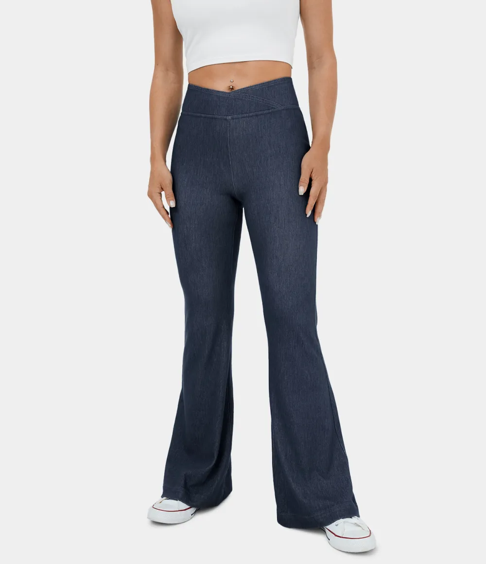 Magic High Waisted Crossover Back Pocket Stretchy Knit Casual Flare Jeans