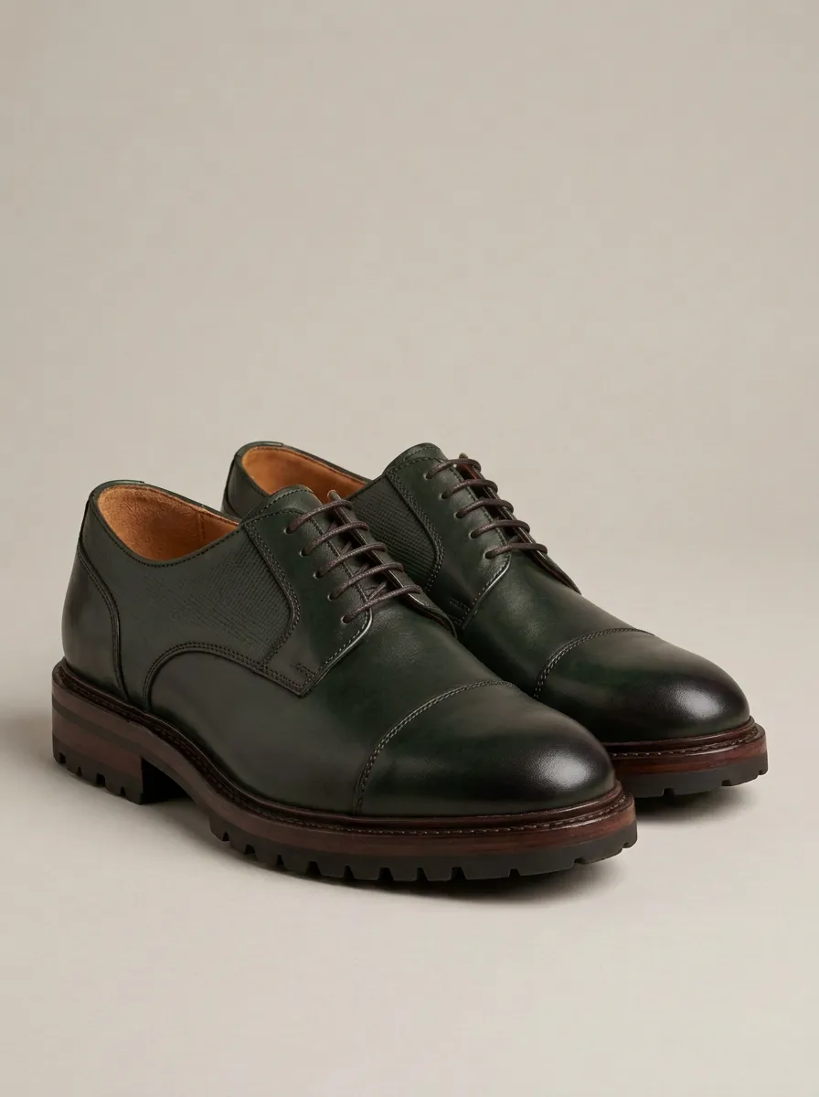 Men's Business Formal Burgundy Leather Cap Toe Lug Sole Oxford Shoes