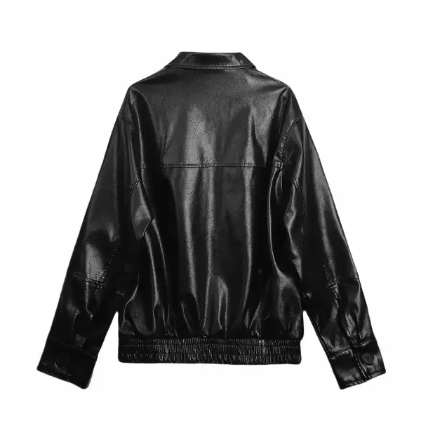 Oversized Faux Leather Shirt Collar Zip Front Bomber Jacket