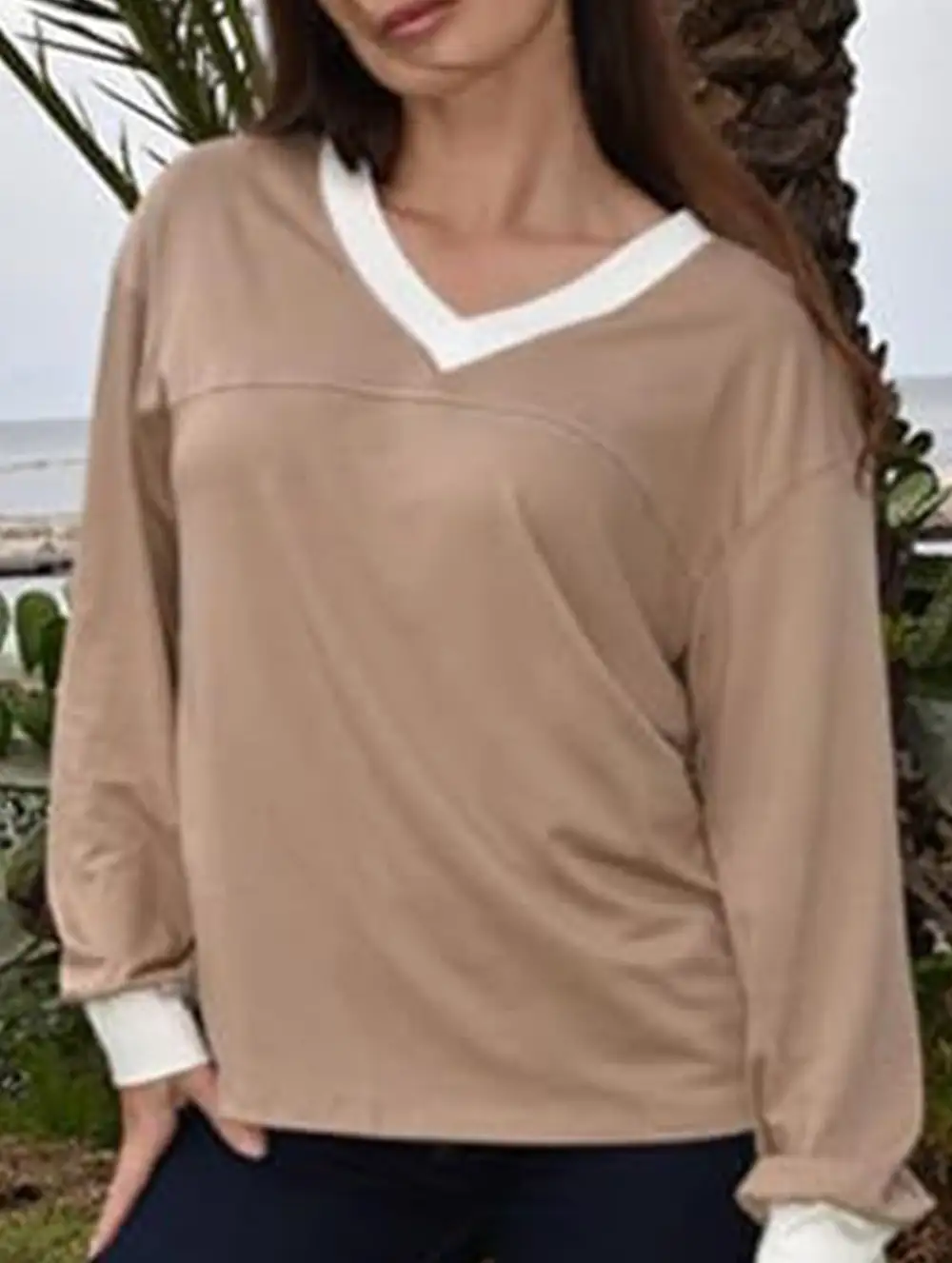 Contrast V Neck Loose Sweatshirt