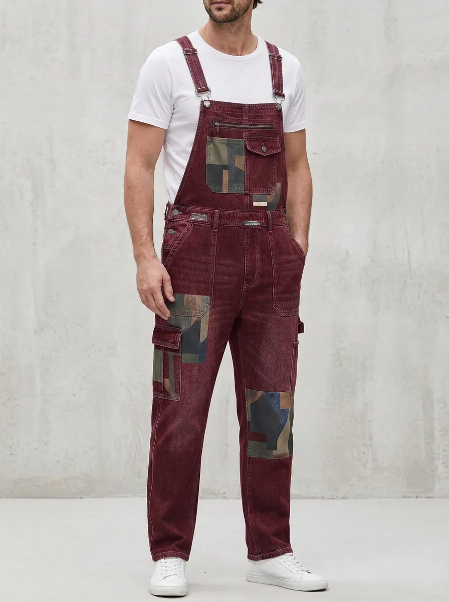Patchwork Denim Geometric Panel Overalls