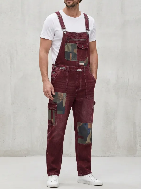 Patchwork Denim Geometric Panel Overalls
