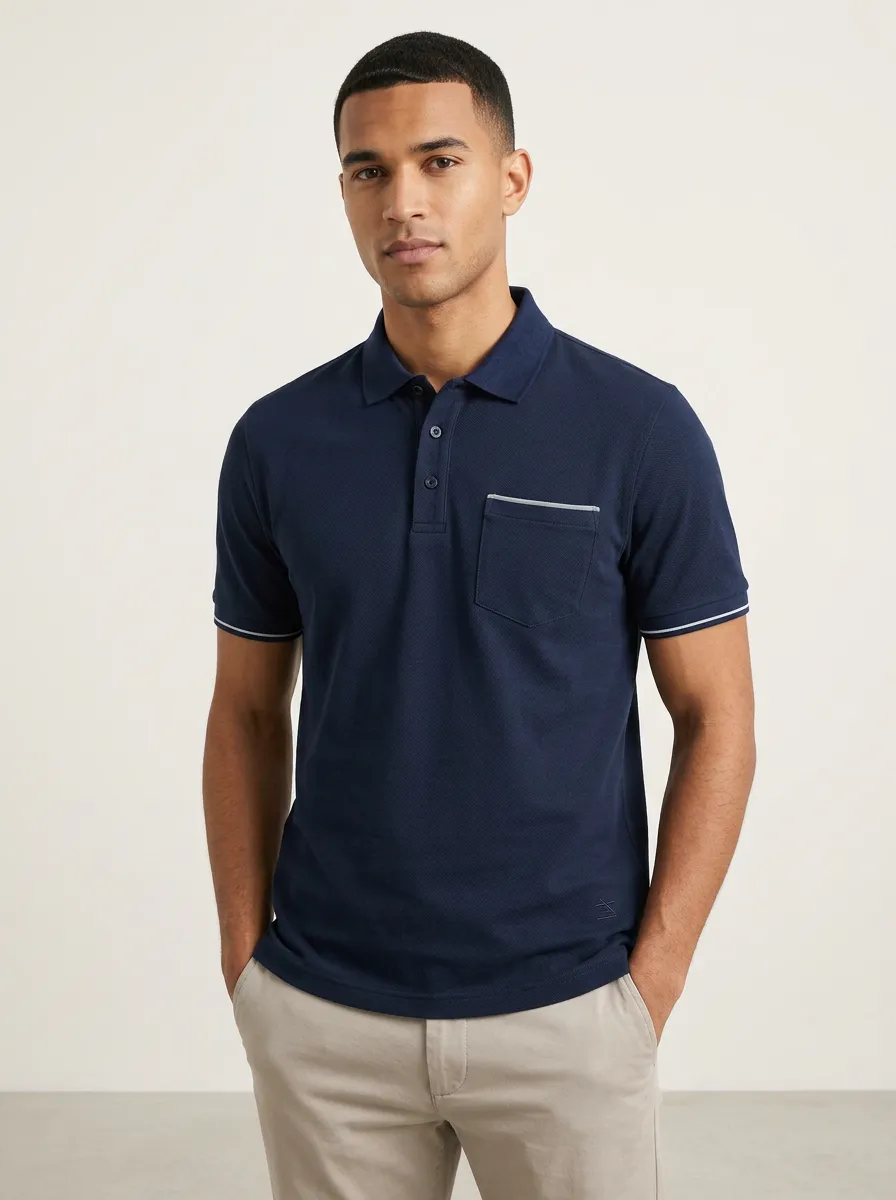 Men's Navy Blue Contrast Trim Pocket Printed Polo Shirt