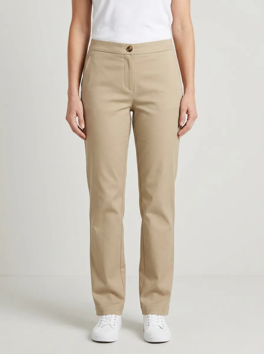 Women's Casual Everyday Beige Mid-Rise Straight Leg Trousers