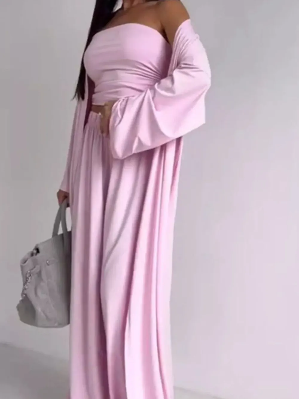 Tube Top & Cardigan & Wide Leg Pants Piece
