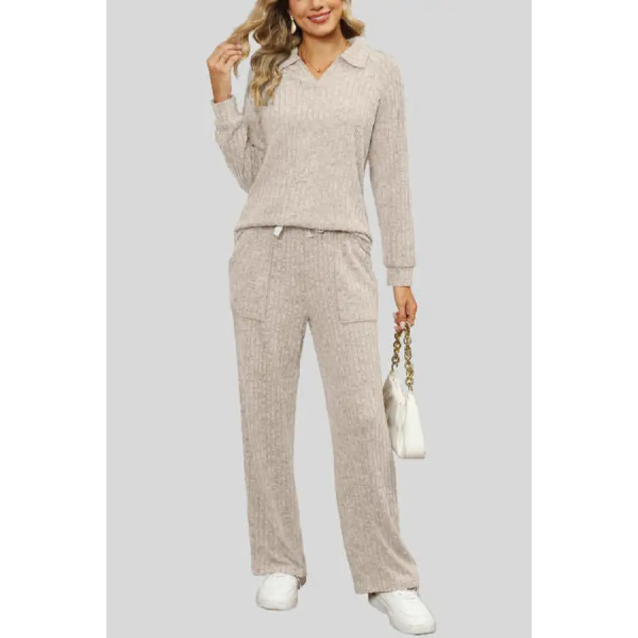 Ribbed Long Sleeve Top and Pocketed Pants Set