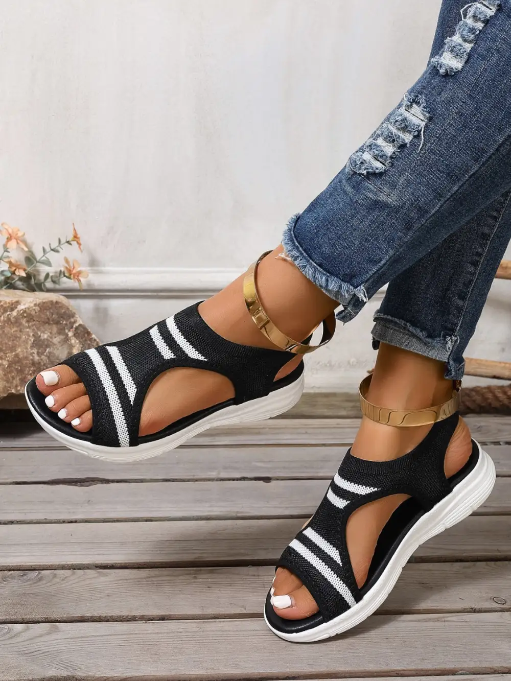 Peep-Toe Cutout Flat Sandals