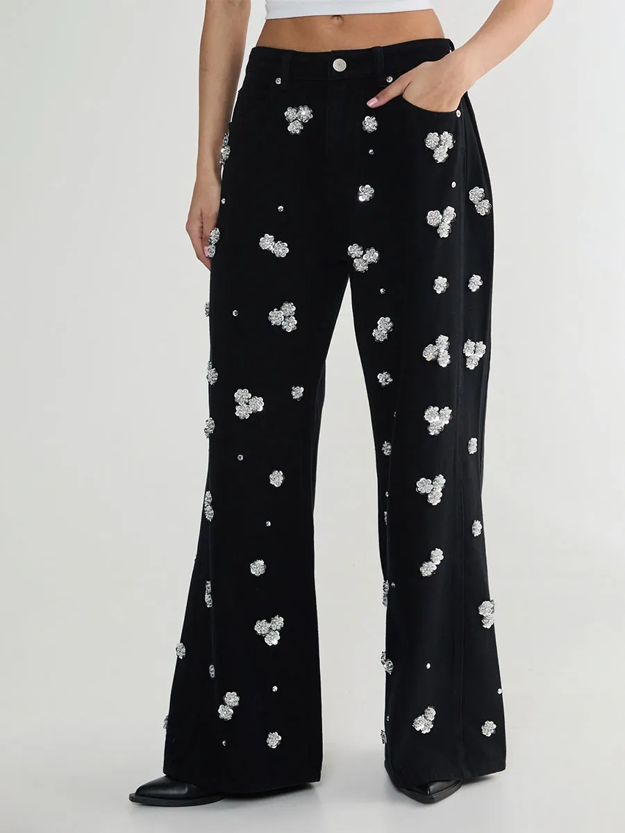 Women's Black Rhinestone Flower-Accent Wide-Leg Pants