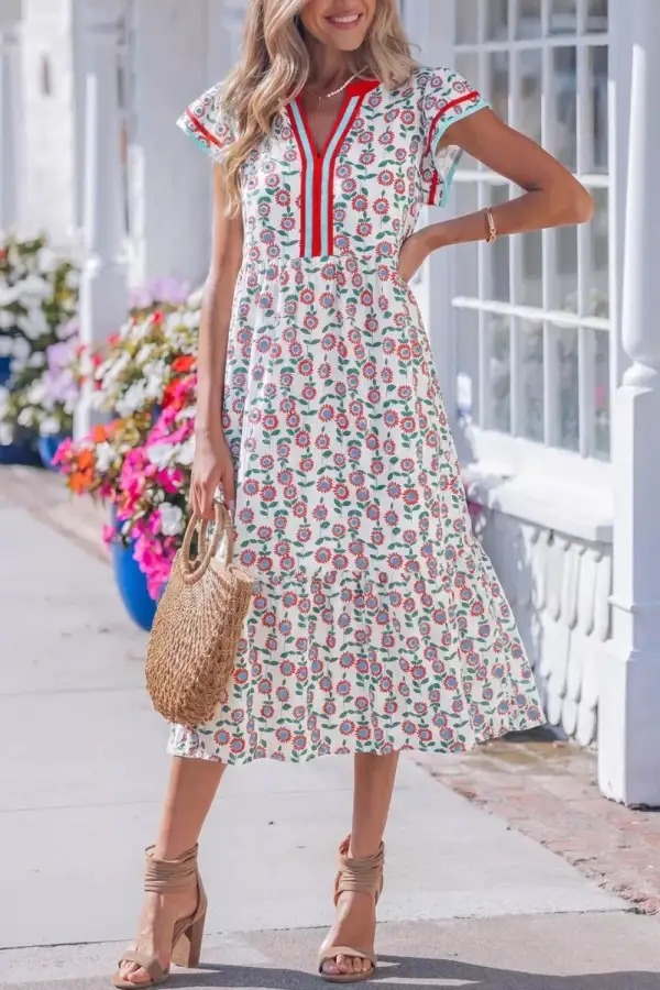 Print Ruffle Sleeve Tiered Midi Dress