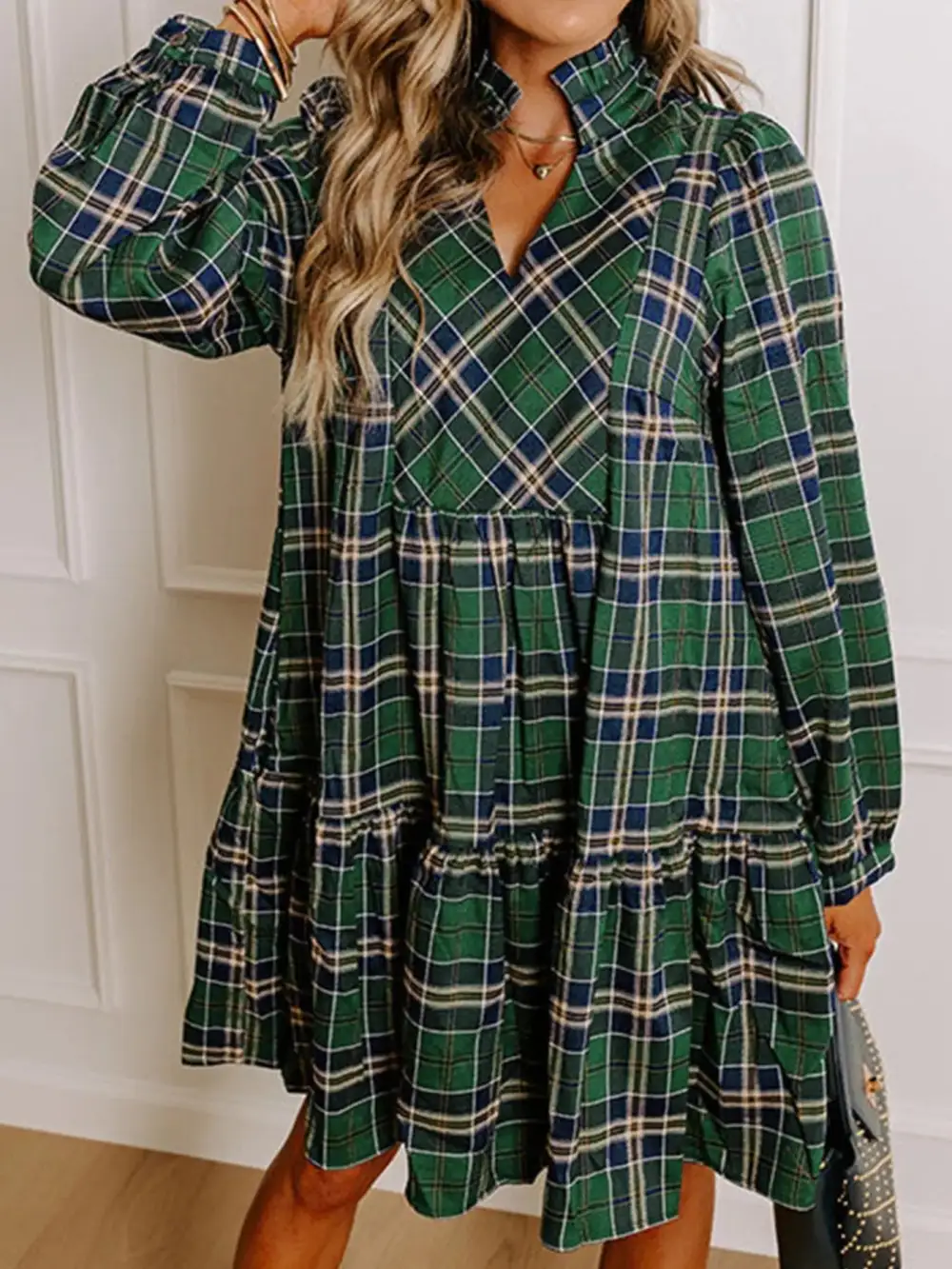 Plaid Ruffle Long Sleeve Mini Dress